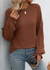 Textured Smocked Cuff Crew Neck Casual T-shirt